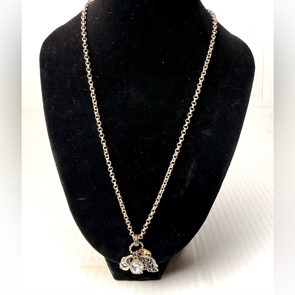 Vintage‎ RMN Filigree Lucky Pendant Necklace Rhinestone Silver Tone Bohemian